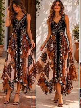 RAGA Embellished Velvet & Print block Handkerchief Hem Maxi Dress – Size Small